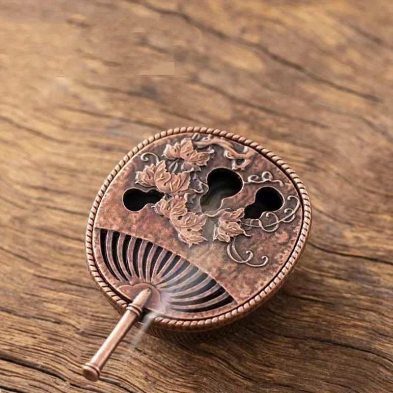 Buddha Stones Small Mini Gourd Fan Pipa Copper Alloy Incense Burner Decoration With Incense - Red Bronze Gourd Fan 3.8*5.7*3.8cm - image 1
