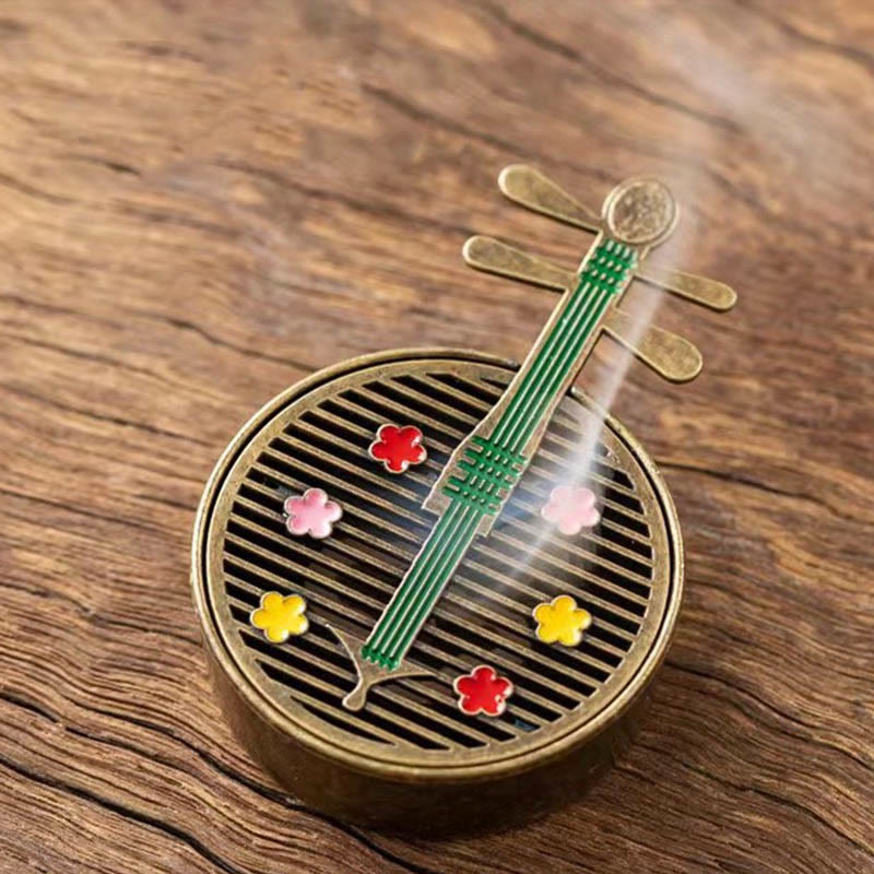 Buddha Stones Small Mini Gourd Fan Pipa Copper Alloy Incense Burner Decoration With Incense - Green Pipa 4*6.3*4.1cm - image 5