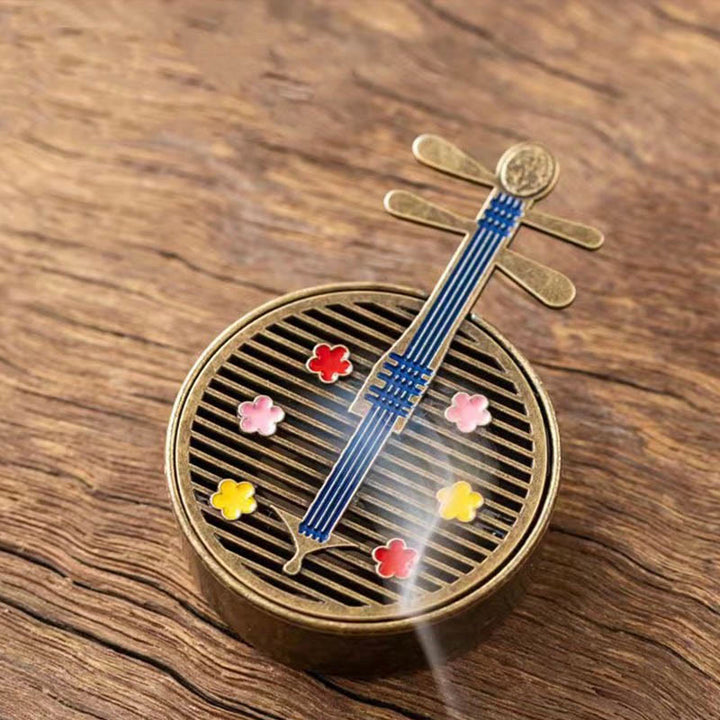 Buddha Stones Small Mini Gourd Fan Pipa Copper Alloy Incense Burner Decoration With Incense - Blue Pipa 4*6.3*4.1cm - image 7