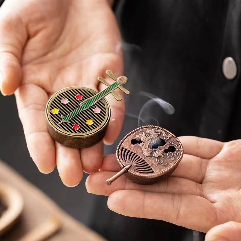 Buddha Stones Small Mini Gourd Fan Pipa Copper Alloy Incense Burner Decoration With Incense - image 0