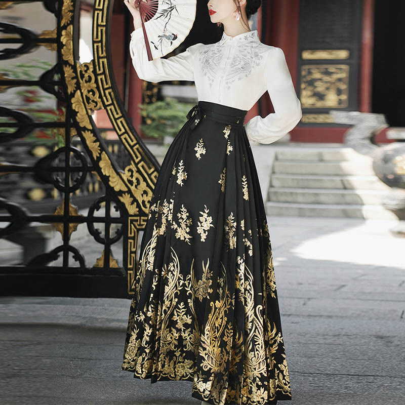 Buddha Stones Flowers Leaves Feathers Long Sleeve Shirt Top Chinese Hanfu Ming Dynasty Horse Face Skirt Mamianqun Skirt