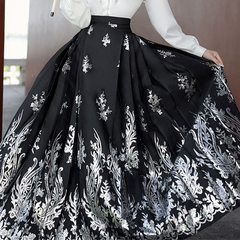 Buddha Stones Flowers Leaves Feathers Long Sleeve Shirt Top Chinese Hanfu Ming Dynasty Horse Face Skirt Mamianqun Skirt