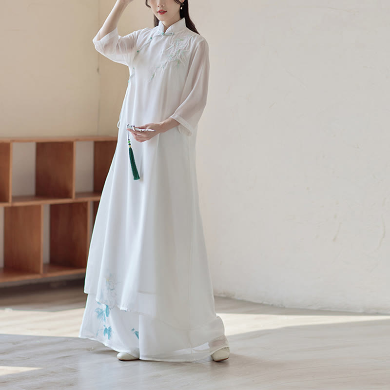 Buddha Stones Bamboo Cheongsam Dress Midi Dress Wide Leg Pants Meditation Spiritual Zen Practice Clothing - image 0