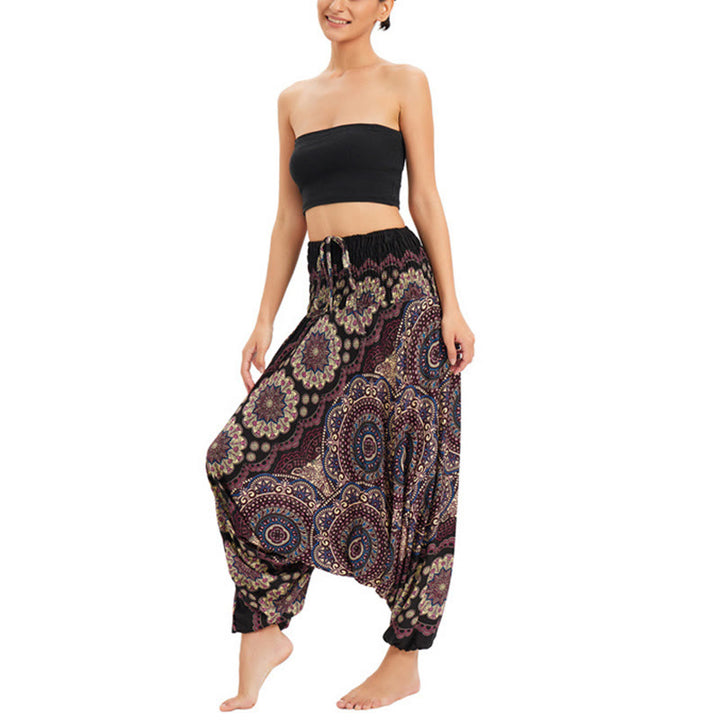 Buddha Stones Two Style Wear Mandala Flower Pattern Loose Smocked Harem Trousers Jumpsuit High Waist Pants