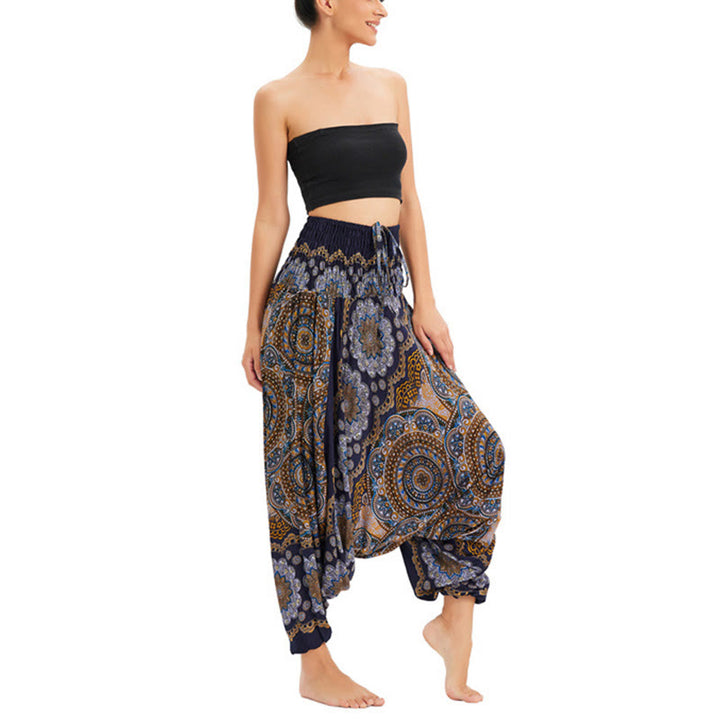 Buddha Stones Two Style Wear Mandala Flower Pattern Loose Smocked Harem Trousers Jumpsuit High Waist Pants