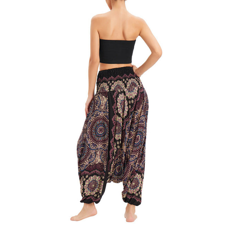 Buddha Stones Two Style Wear Mandala Flower Pattern Loose Smocked Harem Trousers Jumpsuit High Waist Pants - image 9