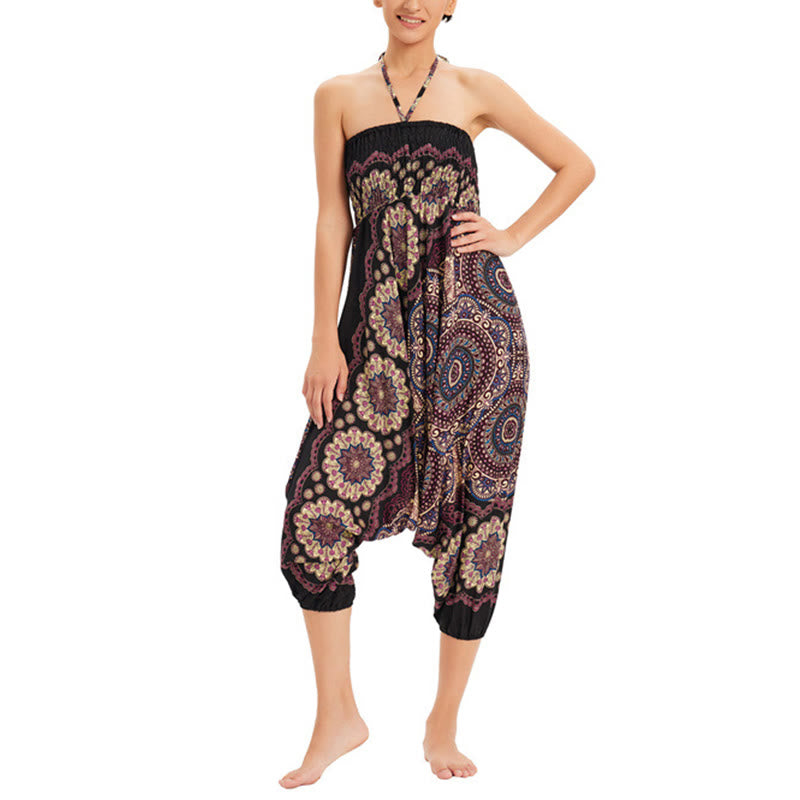 Buddha Stones Two Style Wear Mandala Flower Pattern Loose Smocked Harem Trousers Jumpsuit High Waist Pants