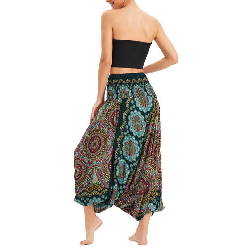 Buddha Stones Two Style Wear Mandala Flower Pattern Loose Smocked Harem Trousers Jumpsuit High Waist Pants - image 2