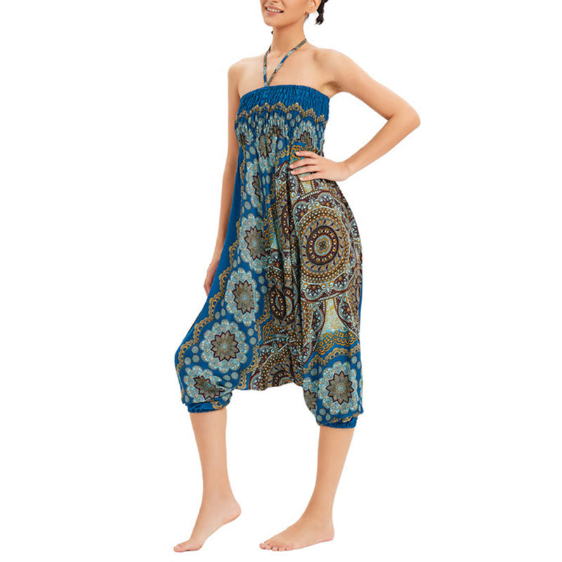 Buddha Stones Two Style Wear Mandala Flower Pattern Loose Smocked Harem Trousers Jumpsuit High Waist Pants - image 30
