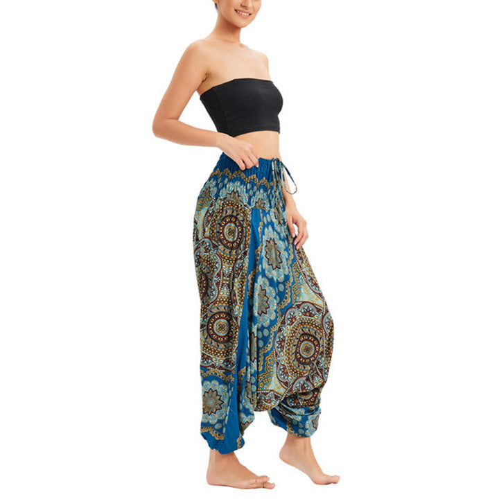 Buddha Stones Two Style Wear Mandala Flower Pattern Loose Smocked Harem Trousers Jumpsuit High Waist Pants - image 28