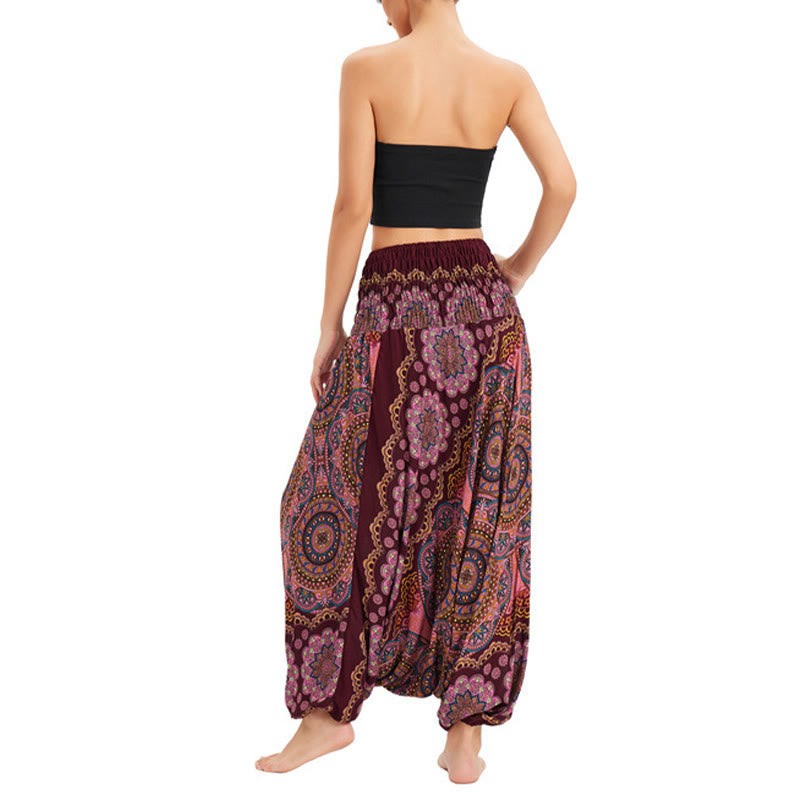 Buddha Stones Two Style Wear Mandala Flower Pattern Loose Smocked Harem Trousers Jumpsuit High Waist Pants - image 15