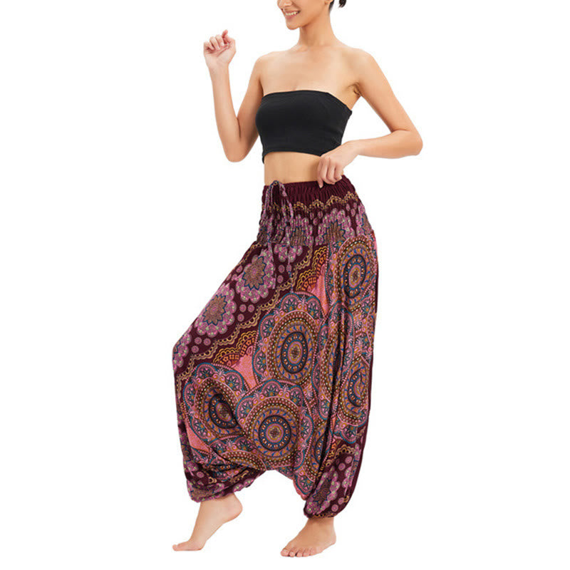 Buddha Stones Two Style Wear Mandala Flower Pattern Loose Smocked Harem Trousers Jumpsuit High Waist Pants - image 14