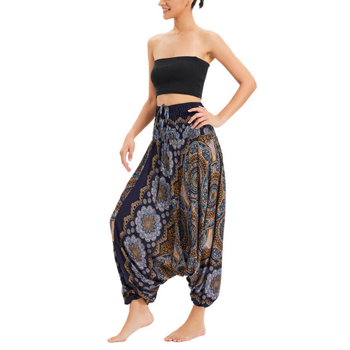 Buddha Stones Two Style Wear Mandala Flower Pattern Loose Smocked Harem Trousers Jumpsuit High Waist Pants - image 22