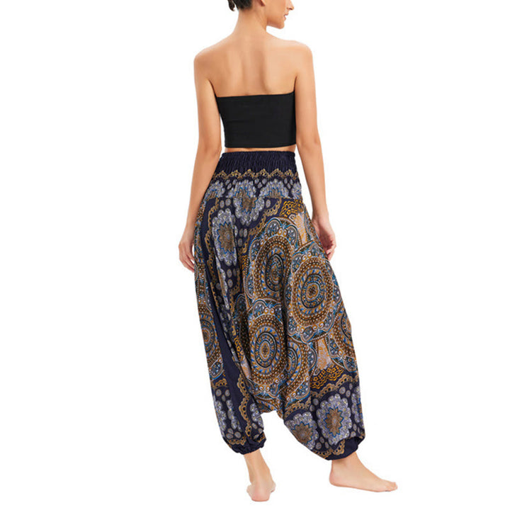 Buddha Stones Two Style Wear Mandala Flower Pattern Loose Smocked Harem Trousers Jumpsuit High Waist Pants - image 23