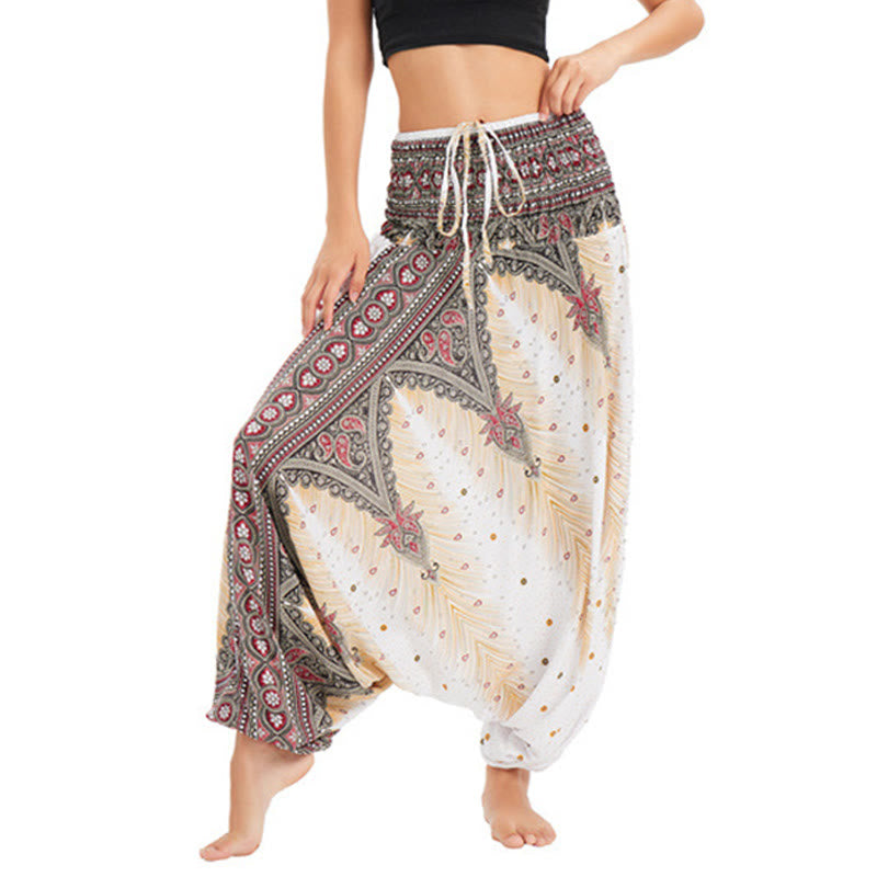 Buddha Stones Two Style Wear Peacock Feather Loose Smocked Harem Trousers Jumpsuit High Waist Pants - Beige-US2-12，UK/AU6-16，EU34-44 (F) - image 0