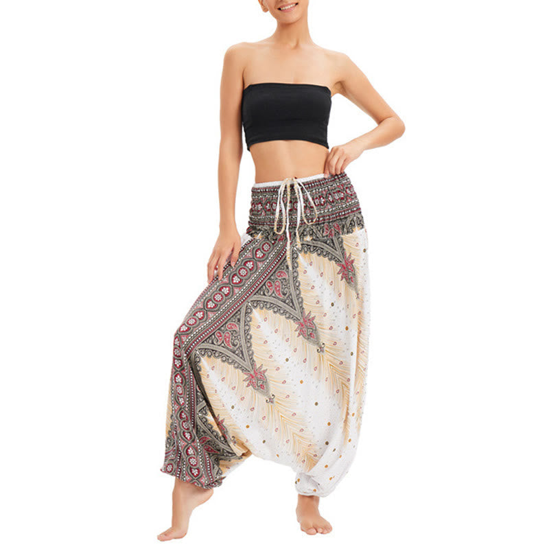 Buddha Stones Two Style Wear Peacock Feather Loose Smocked Harem Trousers Jumpsuit High Waist Pants - image 1