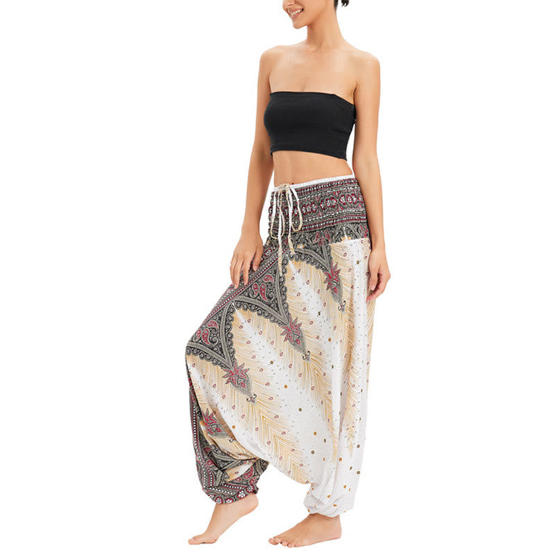 Buddha Stones Two Style Wear Peacock Feather Loose Smocked Harem Trousers Jumpsuit High Waist Pants - image 2
