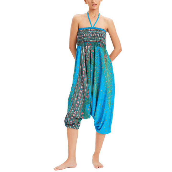 Buddha Stones Two Style Wear Peacock Feather Loose Smocked Harem Trousers Jumpsuit High Waist Pants - image 11