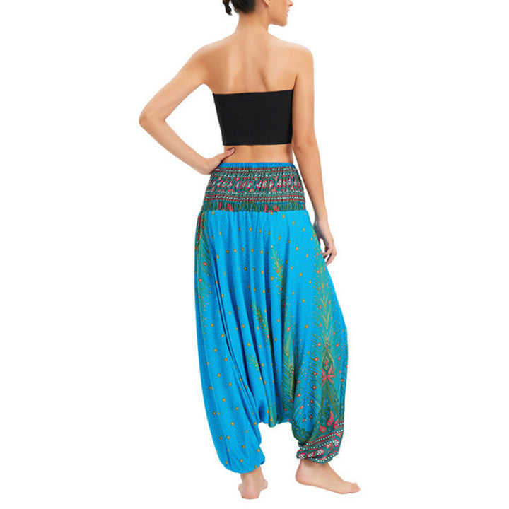 Buddha Stones Two Style Wear Peacock Feather Loose Smocked Harem Trousers Jumpsuit High Waist Pants - image 9