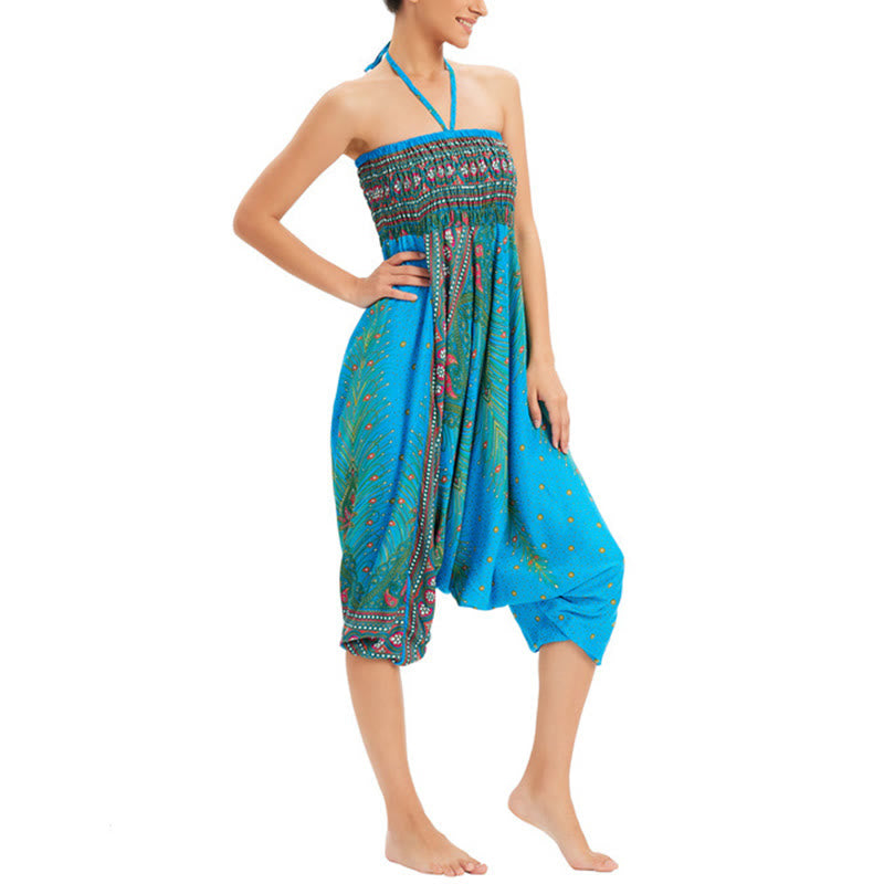 Buddha Stones Two Style Wear Peacock Feather Loose Smocked Harem Trousers Jumpsuit High Waist Pants - image 10