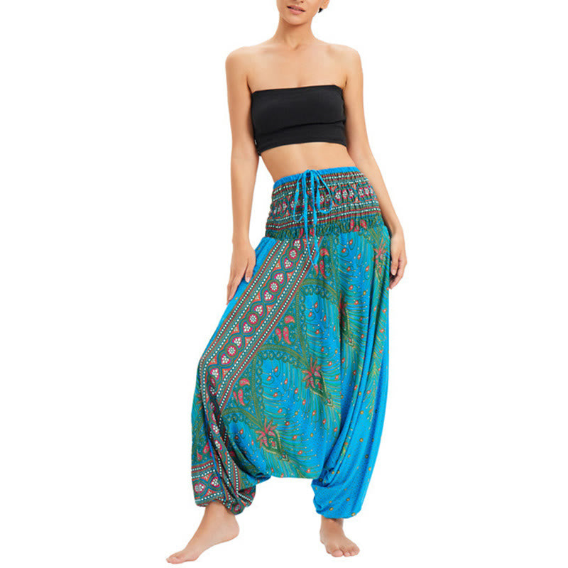 Buddha Stones Two Style Wear Peacock Feather Loose Smocked Harem Trousers Jumpsuit High Waist Pants - image 8