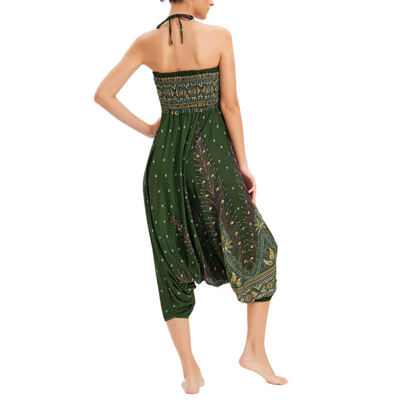 Buddha Stones Two Style Wear Peacock Feather Loose Smocked Harem Trousers Jumpsuit High Waist Pants