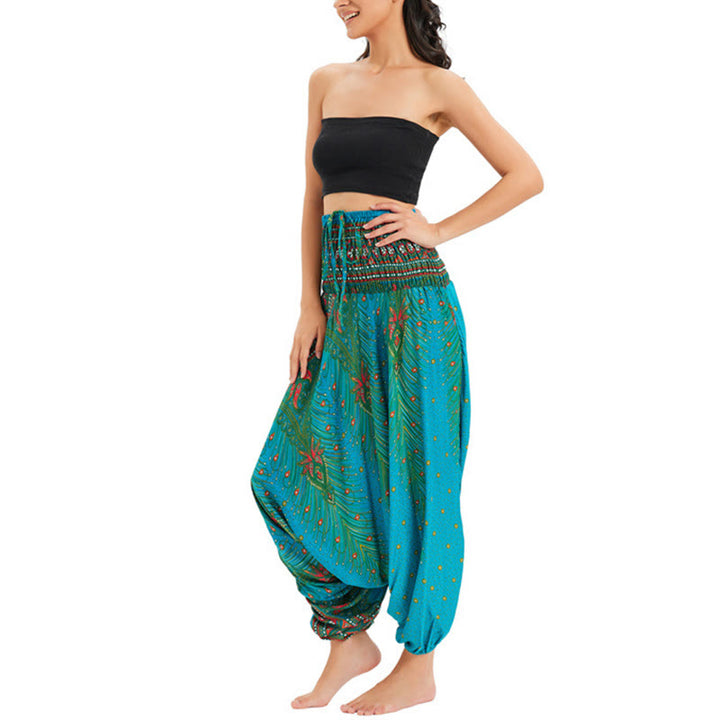 Buddha Stones Two Style Wear Peacock Feather Loose Smocked Harem Trousers Jumpsuit High Waist Pants - image 27