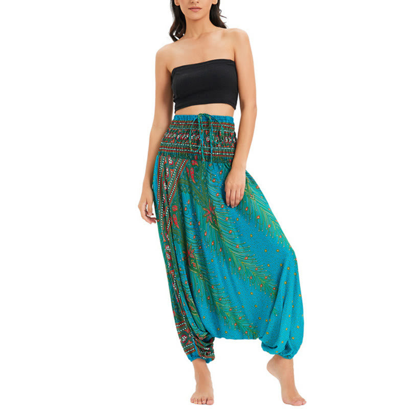 Buddha Stones Two Style Wear Peacock Feather Loose Smocked Harem Trousers Jumpsuit High Waist Pants - image 26