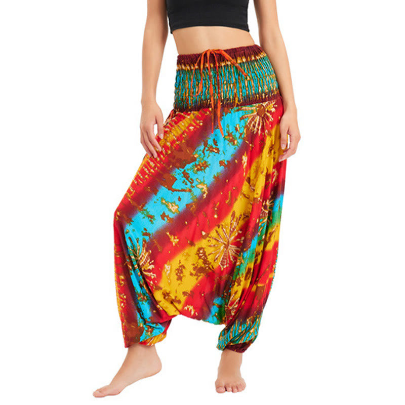 Buddha Stones Two Style Wear Gradient Colorful Loose Smocked Harem Trousers Jumpsuit High Waist Pants - image 1
