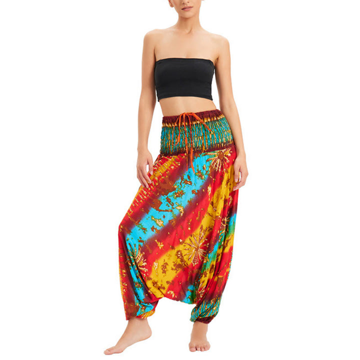 Buddha Stones Two Style Wear Gradient Colorful Loose Smocked Harem Trousers Jumpsuit High Waist Pants - image 2