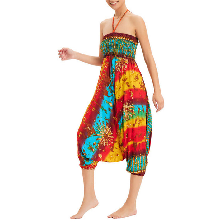 Buddha Stones Two Style Wear Gradient Colorful Loose Smocked Harem Trousers Jumpsuit High Waist Pants