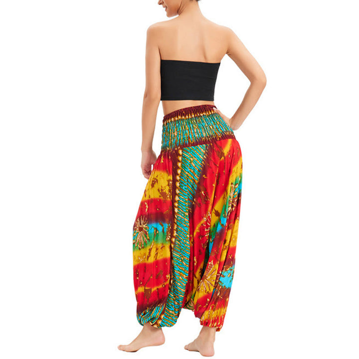 Buddha Stones Two Style Wear Gradient Colorful Loose Smocked Harem Trousers Jumpsuit High Waist Pants