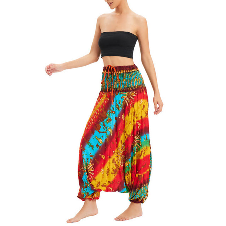 Buddha Stones Two Style Wear Gradient Colorful Loose Smocked Harem Trousers Jumpsuit High Waist Pants