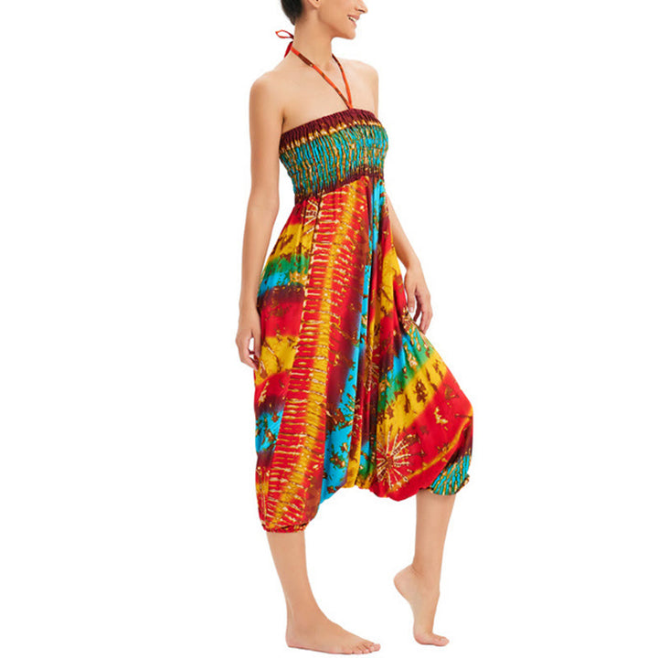 Buddha Stones Two Style Wear Gradient Colorful Loose Smocked Harem Trousers Jumpsuit High Waist Pants - image 10