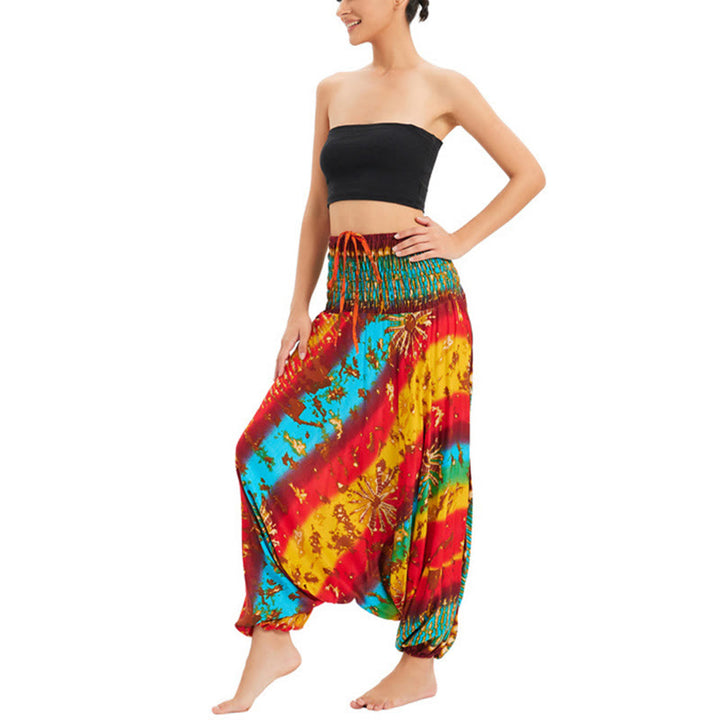 Buddha Stones Two Style Wear Gradient Colorful Loose Smocked Harem Trousers Jumpsuit High Waist Pants - image 5