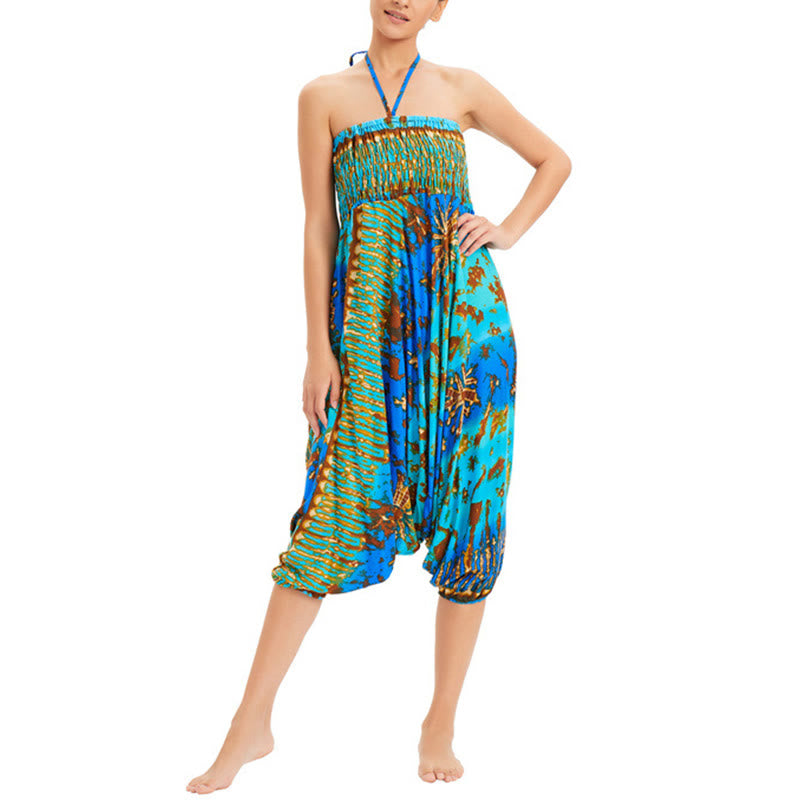 Buddha Stones Two Style Wear Gradient Colorful Loose Smocked Harem Trousers Jumpsuit High Waist Pants