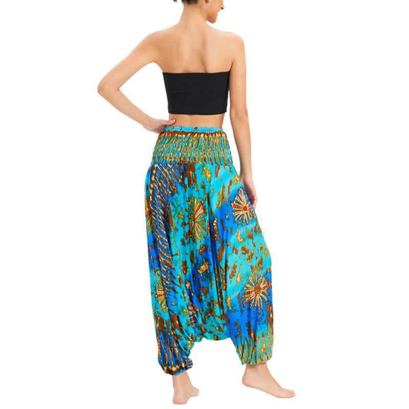 Buddha Stones Two Style Wear Gradient Colorful Loose Smocked Harem Trousers Jumpsuit High Waist Pants