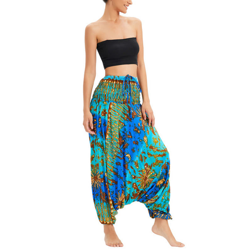 Buddha Stones Two Style Wear Gradient Colorful Loose Smocked Harem Trousers Jumpsuit High Waist Pants