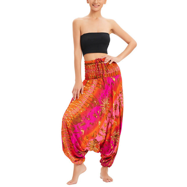 Buddha Stones Two Style Wear Gradient Colorful Loose Smocked Harem Trousers Jumpsuit High Waist Pants