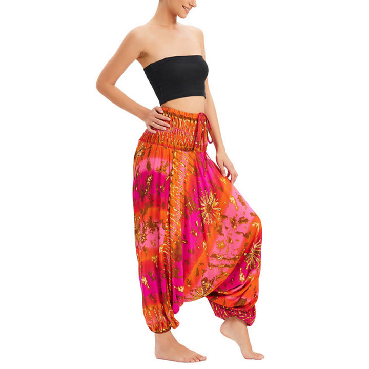 Buddha Stones Two Style Wear Gradient Colorful Loose Smocked Harem Trousers Jumpsuit High Waist Pants