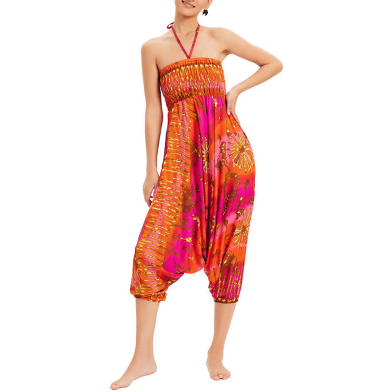 Buddha Stones Two Style Wear Gradient Colorful Loose Smocked Harem Trousers Jumpsuit High Waist Pants - image 37