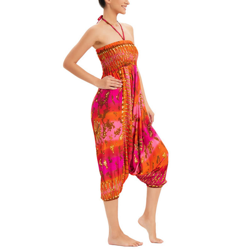 Buddha Stones Two Style Wear Gradient Colorful Loose Smocked Harem Trousers Jumpsuit High Waist Pants