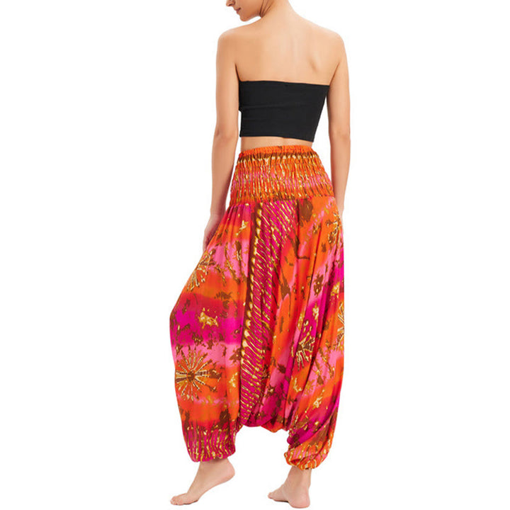 Buddha Stones Two Style Wear Gradient Colorful Loose Smocked Harem Trousers Jumpsuit High Waist Pants