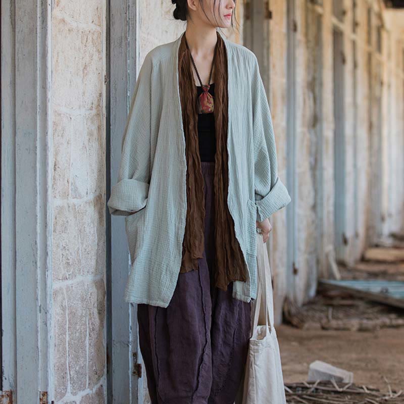 Buddha Stones Plain Design Long Sleeve Coat Zen Meditation Open Front Top Cotton Jacket - image 8