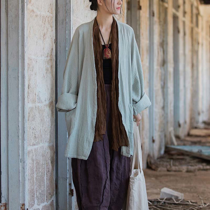 Buddha Stones Plain Design Long Sleeve Coat Zen Meditation Open Front Top Cotton Jacket - image 8