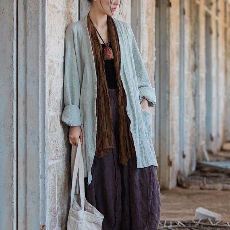 Buddha Stones Plain Design Long Sleeve Coat Zen Meditation Open Front Top Cotton Jacket - image 3