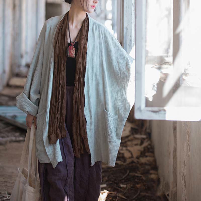 Buddha Stones Plain Design Long Sleeve Coat Zen Meditation Open Front Top Cotton Jacket - image 9