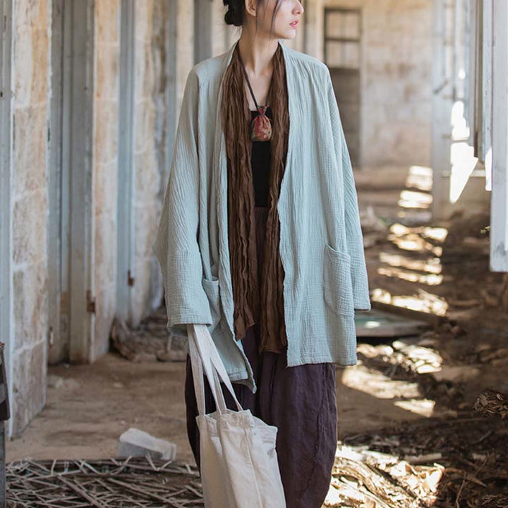 Buddha Stones Plain Design Long Sleeve Coat Zen Meditation Open Front Top Cotton Jacket - image 16