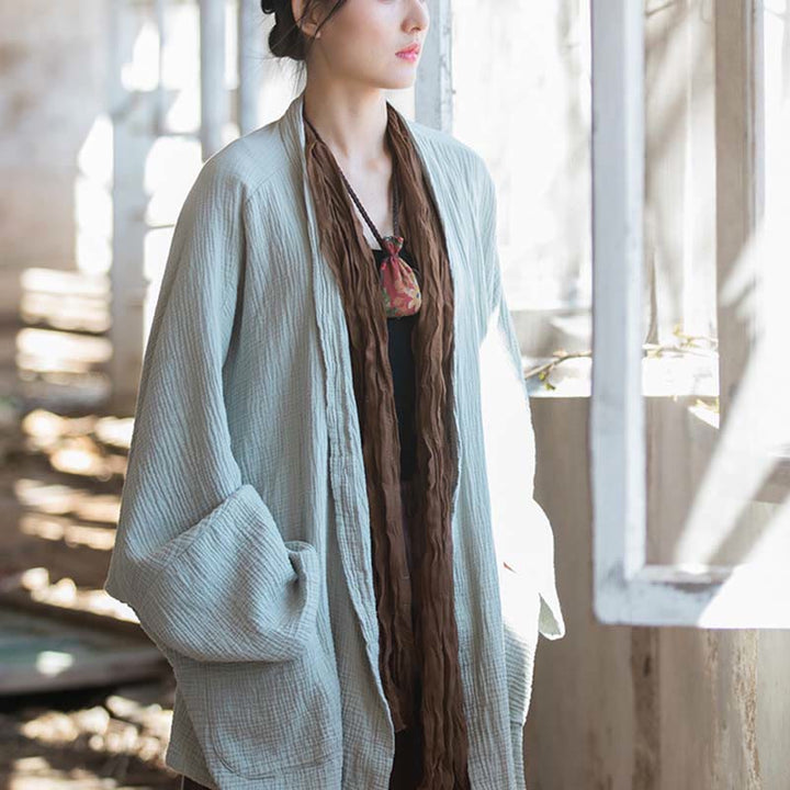 Buddha Stones Plain Design Long Sleeve Coat Zen Meditation Open Front Top Cotton Jacket - image 13