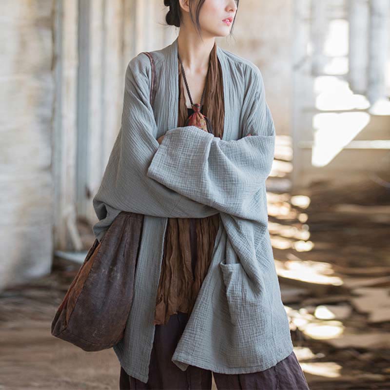 Buddha Stones Plain Design Long Sleeve Coat Zen Meditation Open Front Top Cotton Jacket - Gray(Bust 192cm)(Top Only) - image 17